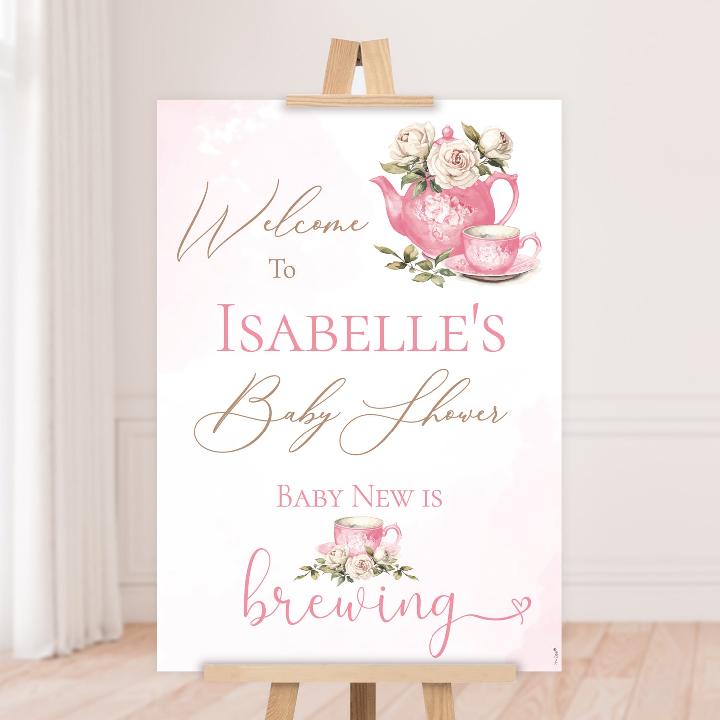 Personalised Pink Baby is Brewing Welcome Sign for Baby Showers or Afternoon Teas