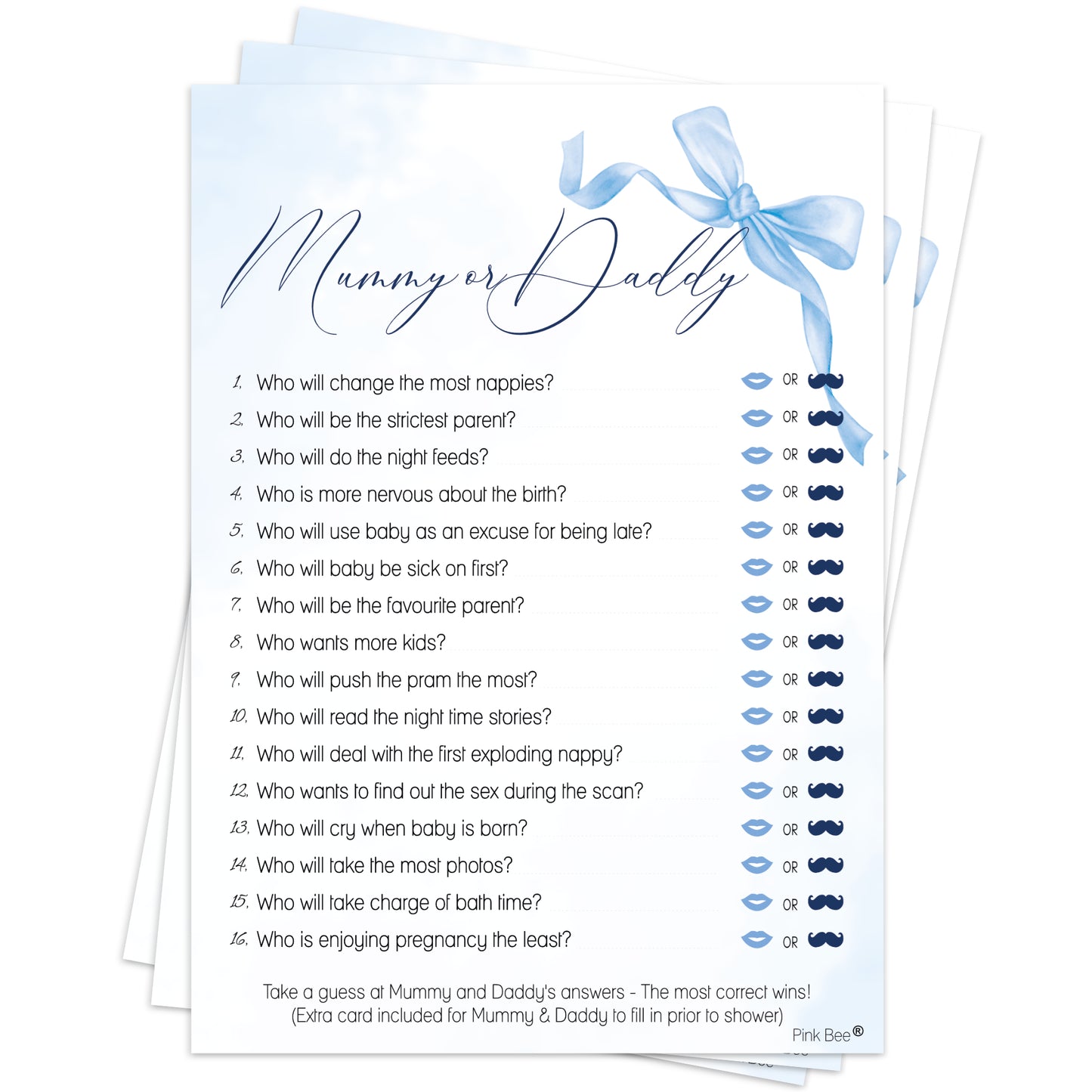 Baby Shower Game Mummy or Daddy in Pretty Blue Bow Theme