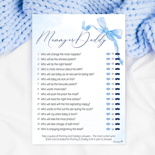 Baby Shower Game Mummy or Daddy in Pretty Blue Bow Theme