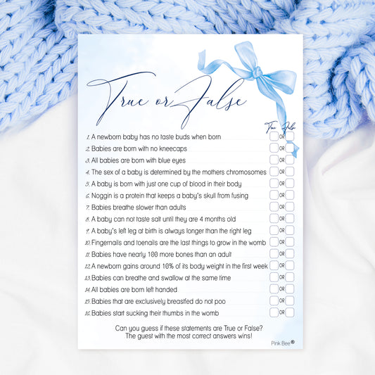 Baby Shower Game True or False in Pretty Blue Bow Theme