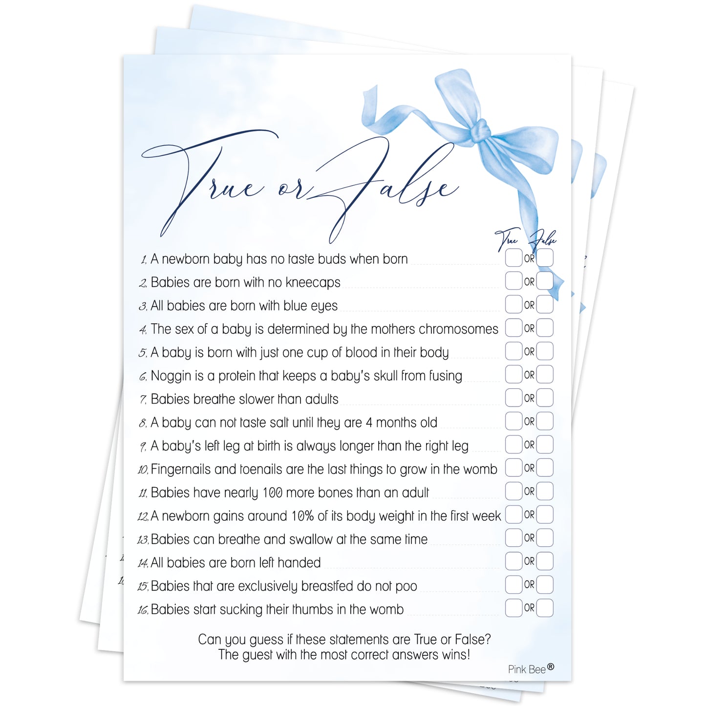 Baby Shower Game True or False in Pretty Blue Bow Theme