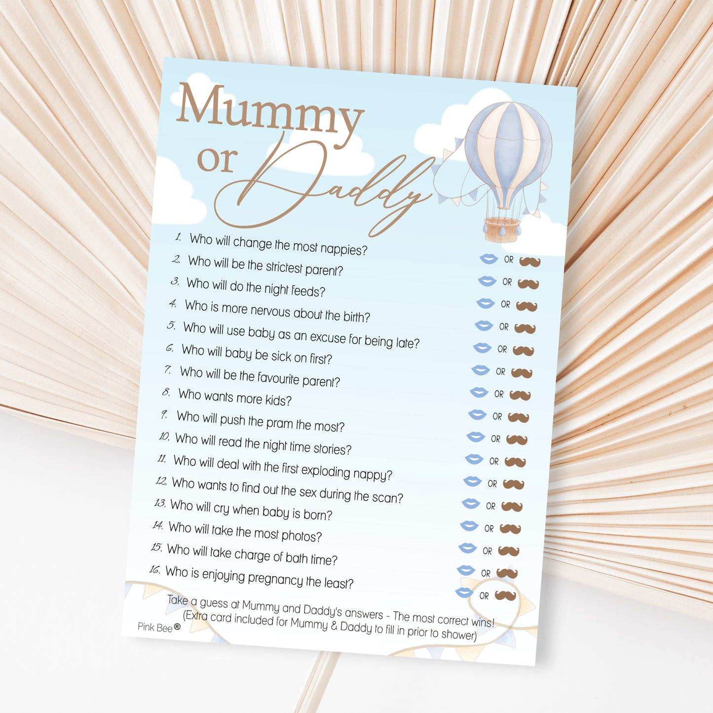 Baby Shower Game Mummy or Daddy in Up, Up and Away Blue Theme