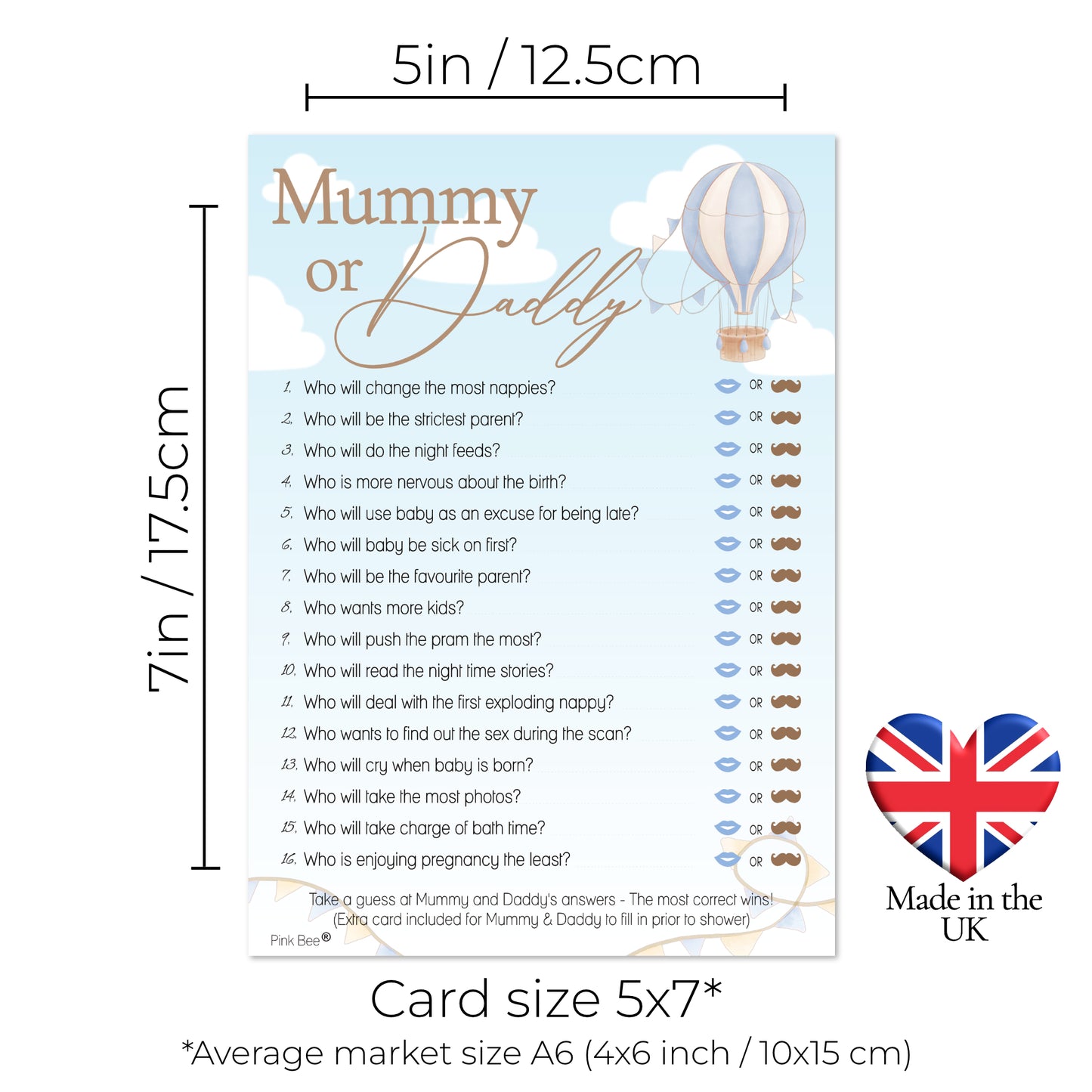 Baby Shower Game Mummy or Daddy in Up, Up and Away Blue Theme