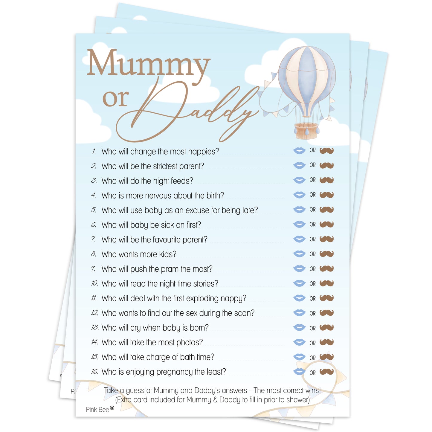 Baby Shower Game Mummy or Daddy in Up, Up and Away Blue Theme