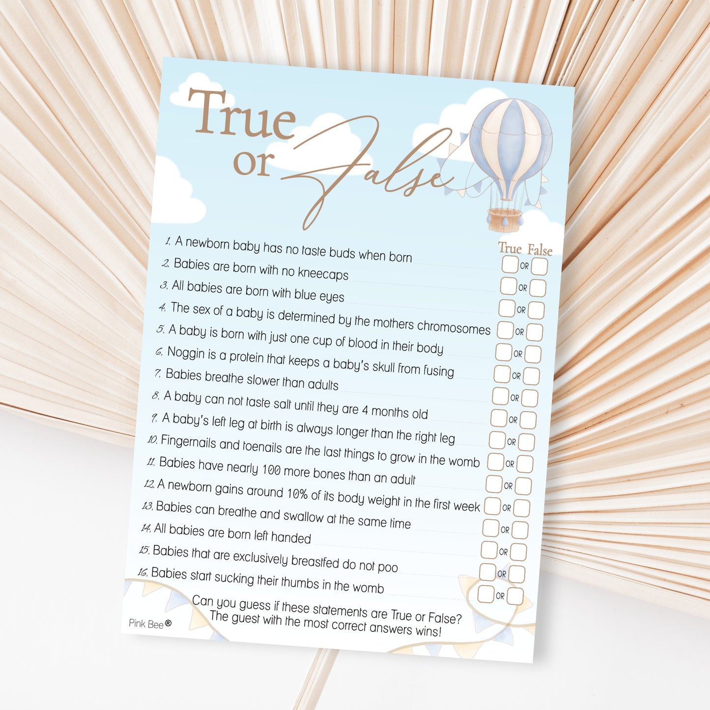 Baby Shower Game True or False in Up, Up and Away Blue Theme