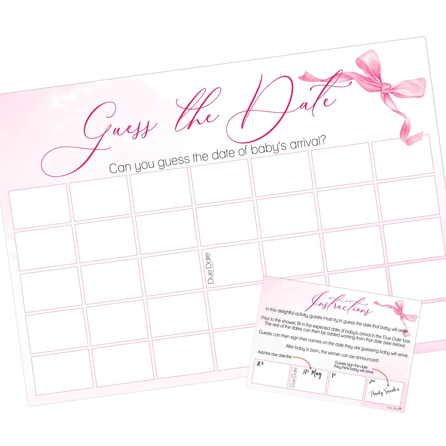 Ribbon Bow Baby Guess the Date Baby Shower Activity in Pink