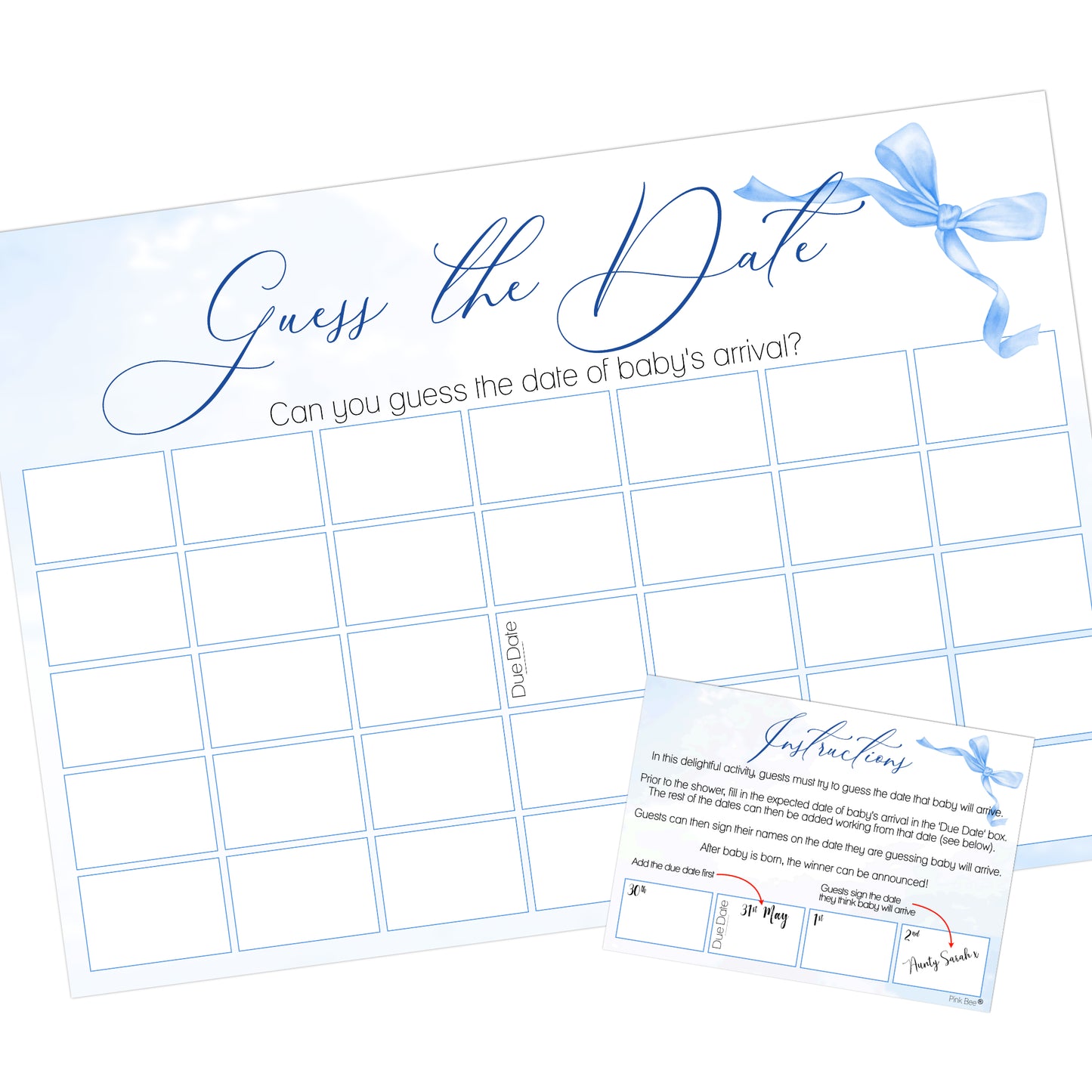 Ribbon Bow Baby Guess the Date Baby Shower Activity in Blue