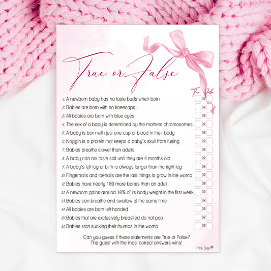 Baby Shower Game True or False in Pretty Pink Bow Theme