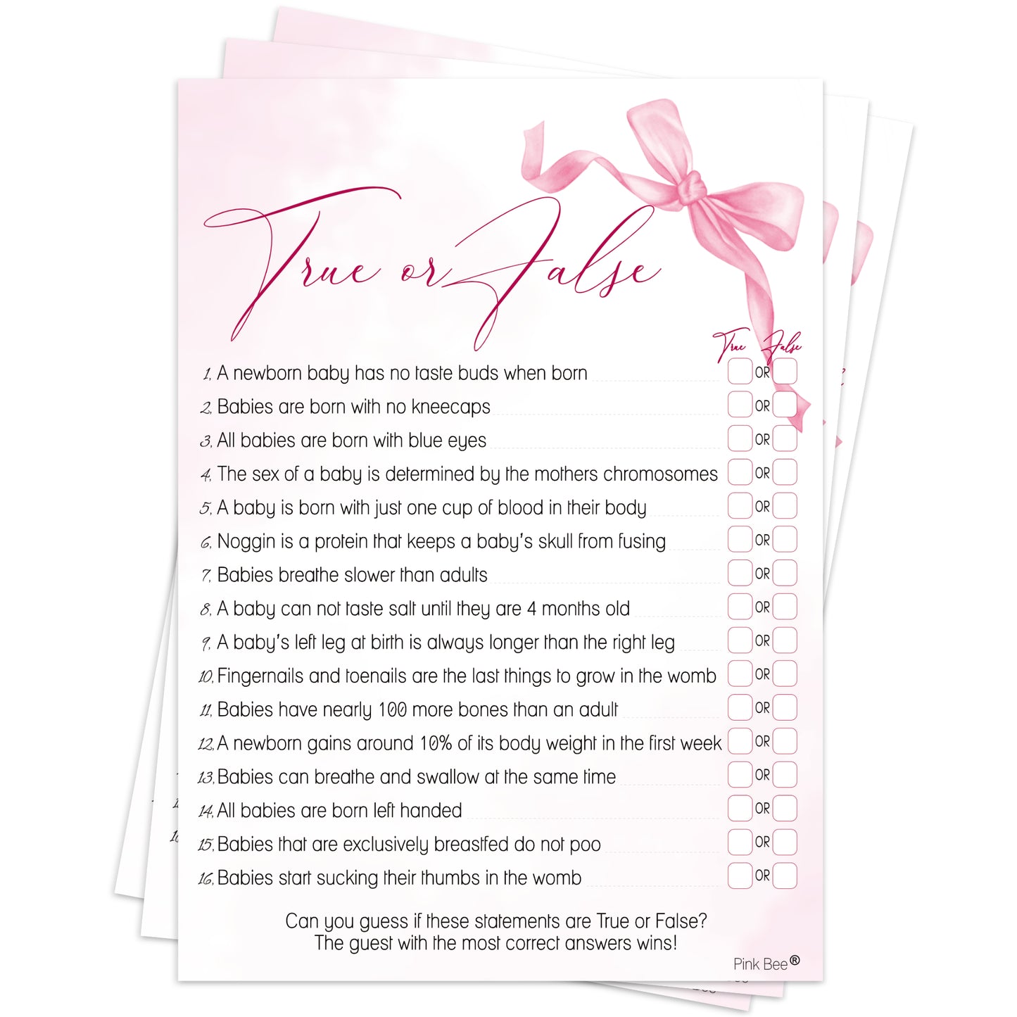 Baby Shower Game True or False in Pretty Pink Bow Theme