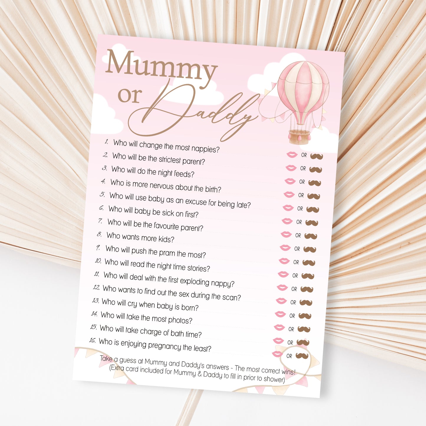 Baby Shower Game Mummy or Daddy in Up, Up and Away Pink Theme