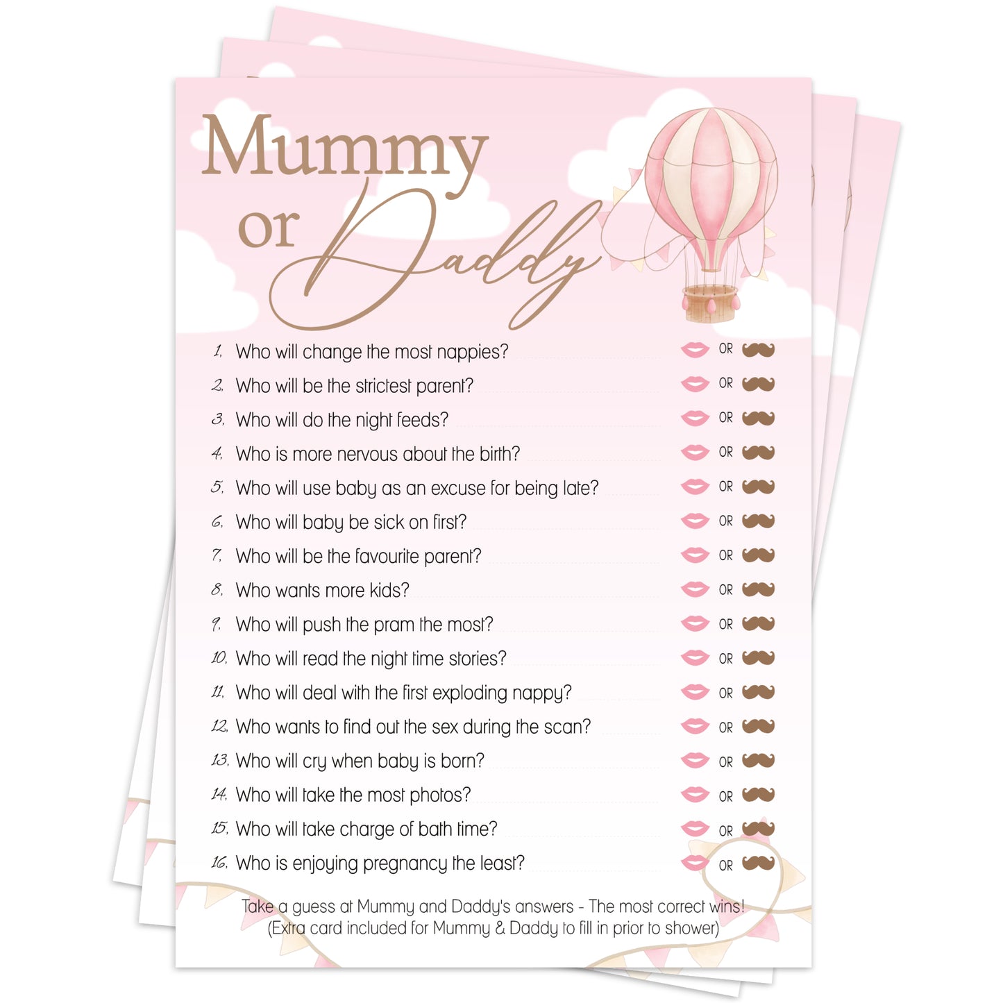 Baby Shower Game Mummy or Daddy in Up, Up and Away Pink Theme