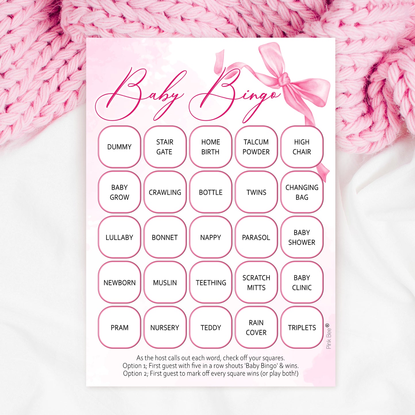 Baby Bingo Game in Pretty Pink Bow Theme