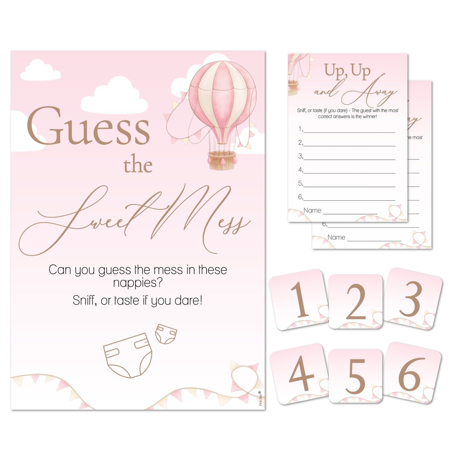 Hot Air Balloon Theme; Up Up and Away Baby Shower Game Guess the Sweet Mess Game In Pink