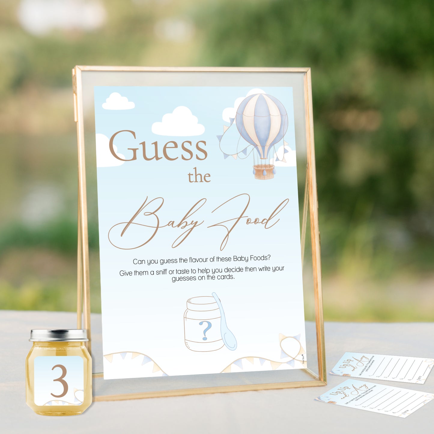 Hot Air Balloon theme; Up, Up and Away Baby Shower Game Guess the Baby Food Game in Blue