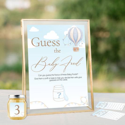 Hot Air Balloon theme; Up, Up and Away Baby Shower Game Guess the Baby Food Game in Blue