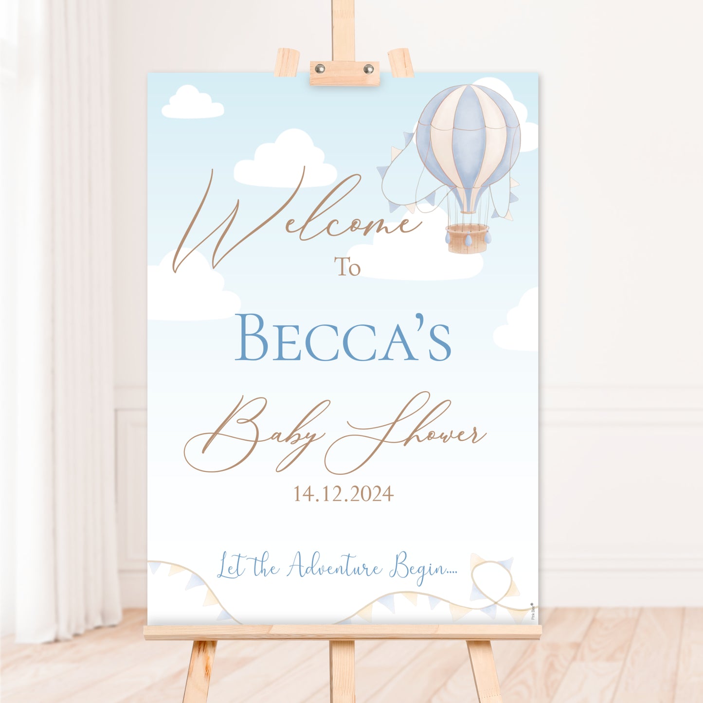 Personalised Blue Up Up and Away Welcome Sign for Baby Showers