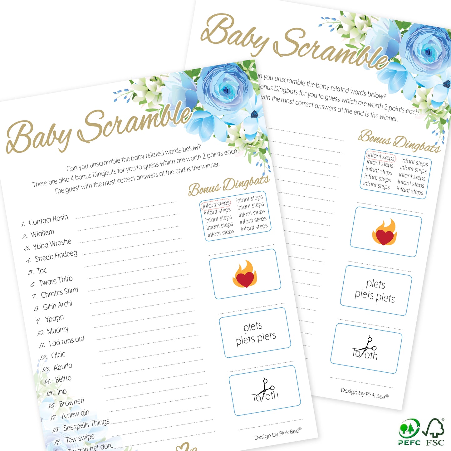 Blue Floral Baby Shower Scramble Game