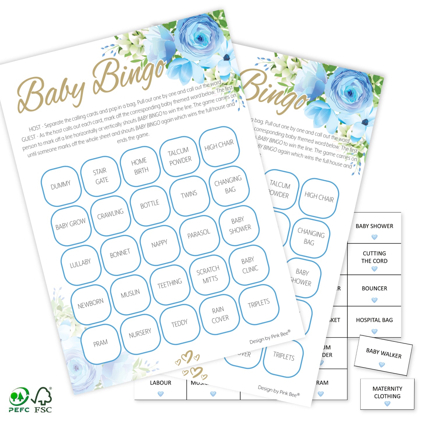 Blue Floral Baby Shower Bingo Game