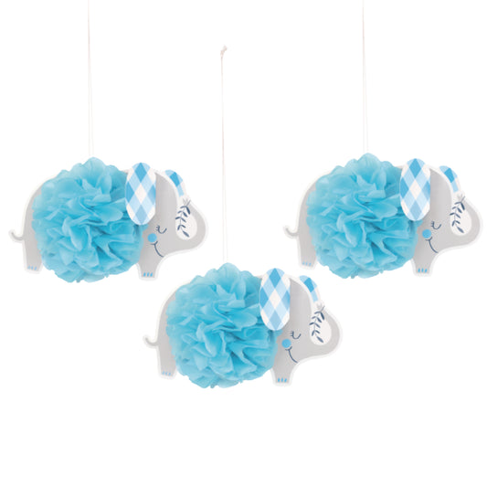 Blue Floral Elephant Baby Shower Puff Ball Decorations